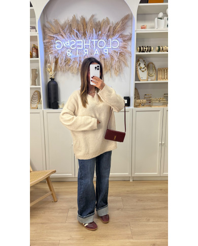 Pull en maille V Beige avec écharpe