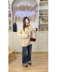 Pull en maille V Beige avec écharpe