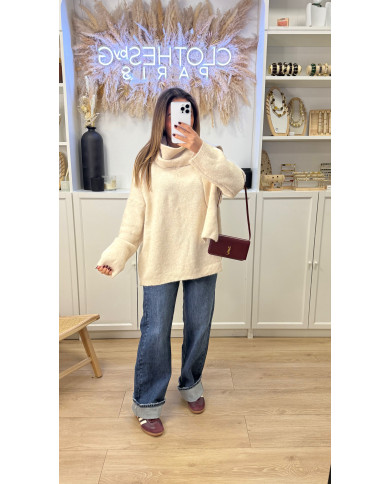 Pull en maille V Beige avec écharpe