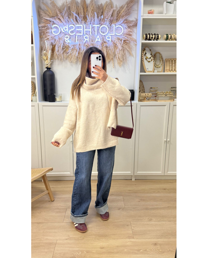 Pull en maille V Beige avec écharpe