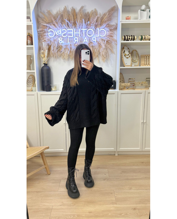 Pull Maille noir Oversize Torsadé