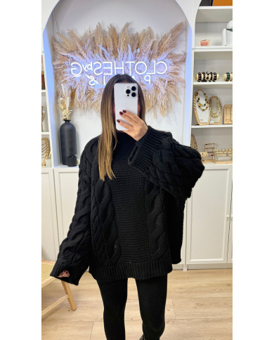 Pull Maille noir Oversize Torsadé