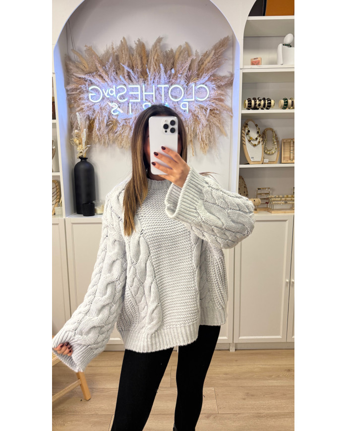 Pull Maille noir Oversize Torsadé Gris