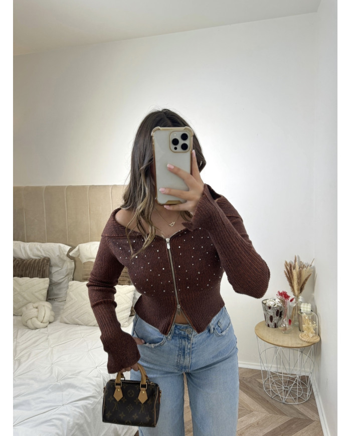 Gilet Crop Zip Choco Strass