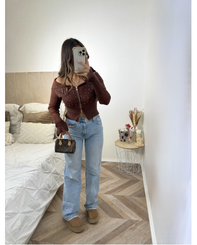 Gilet Crop Zip Choco Strass