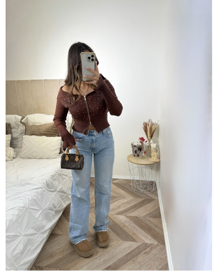 Gilet Crop Zip Choco Strass