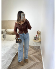 Gilet Crop Zip Choco Strass