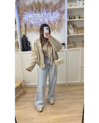 Veste Aviateur Velours & Moumoute Beige