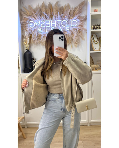 Veste Aviateur Velours & Moumoute Beige