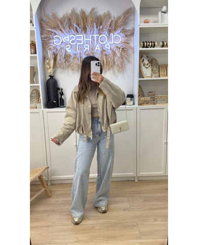 Veste Aviateur Velours & Moumoute Beige