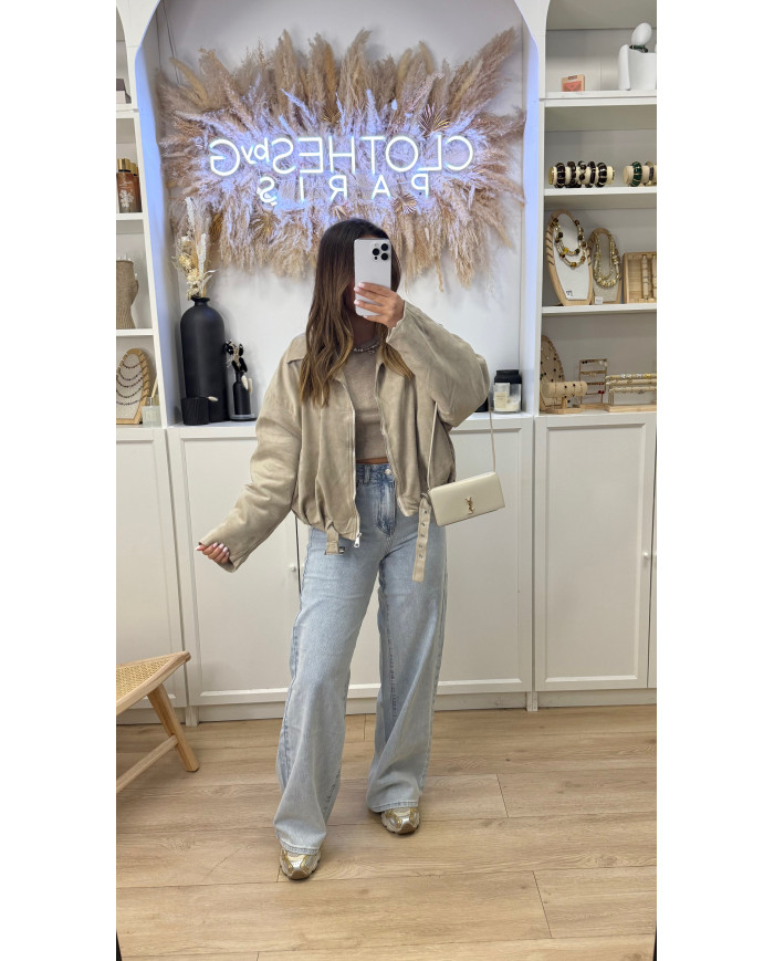 Veste Aviateur Velours & Moumoute Beige