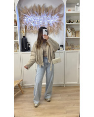 Veste Aviateur Velours & Moumoute Beige