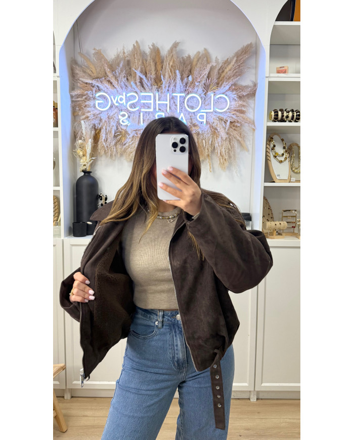 Veste Aviateur Velours & Moumoute Marron