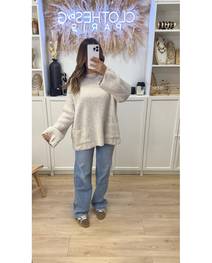 Pull cocon Oversize 2poches Beige