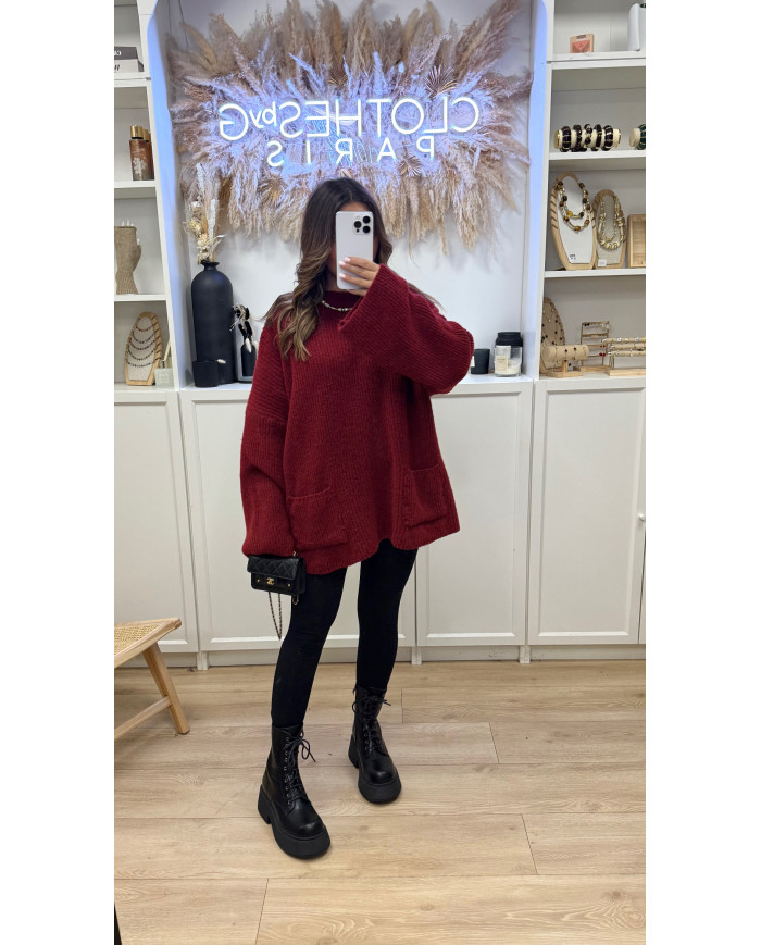 Pull cocon Oversize 2poches Bordeaux