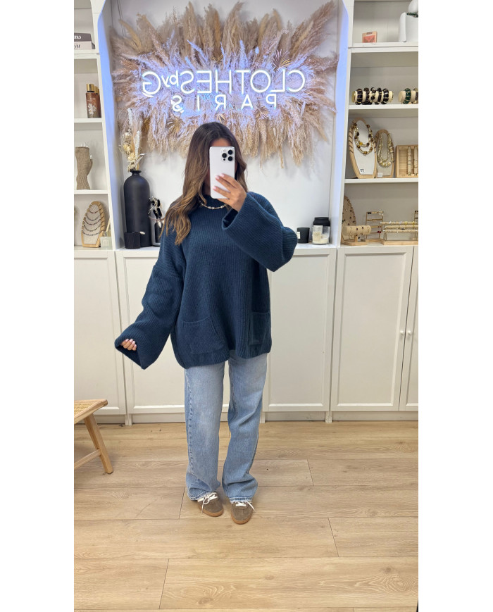 Pull cocon Oversize 2poches Bleu marine