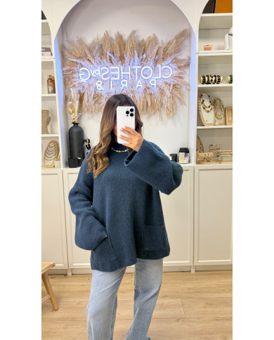 Pull cocon Oversize 2poches Bleu marine
