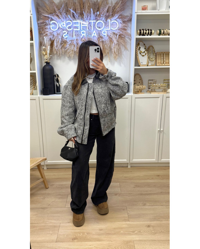 Bombers tweed col Simili Noir