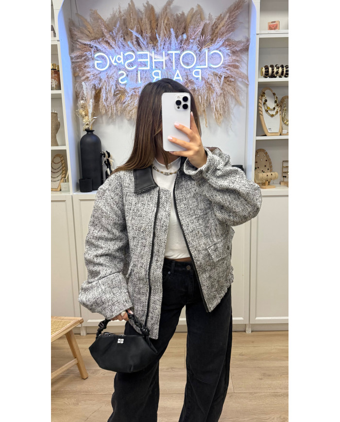 Bombers tweed col Simili Noir