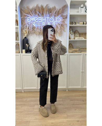 Gilet Maille crochet taupe & blanc