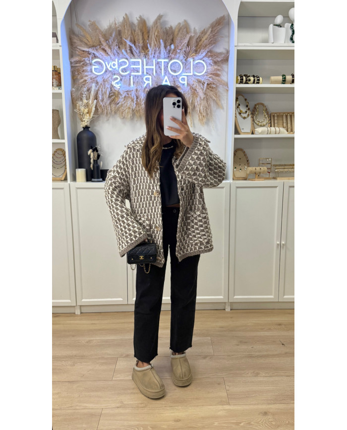 Gilet Maille crochet taupe & blanc