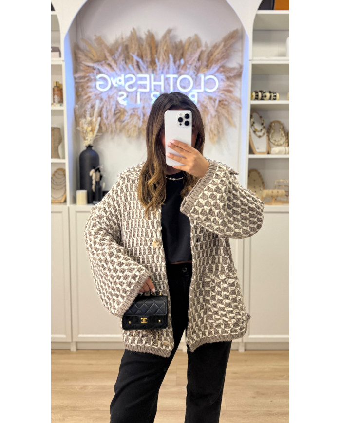 Gilet Maille crochet taupe & blanc