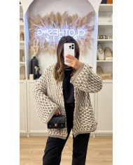 Gilet Maille crochet taupe & blanc