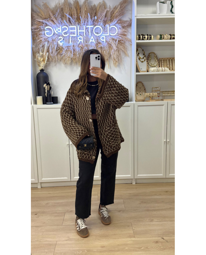 Gilet maille crochet Choco & taupe