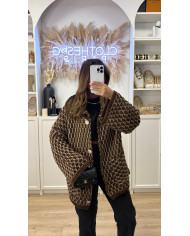 Gilet maille crochet Choco & taupe