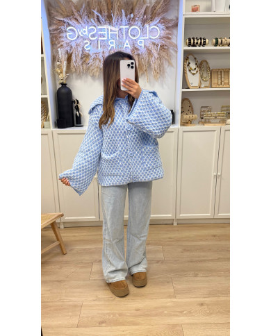 Gilet maille crochet bleu & blanc