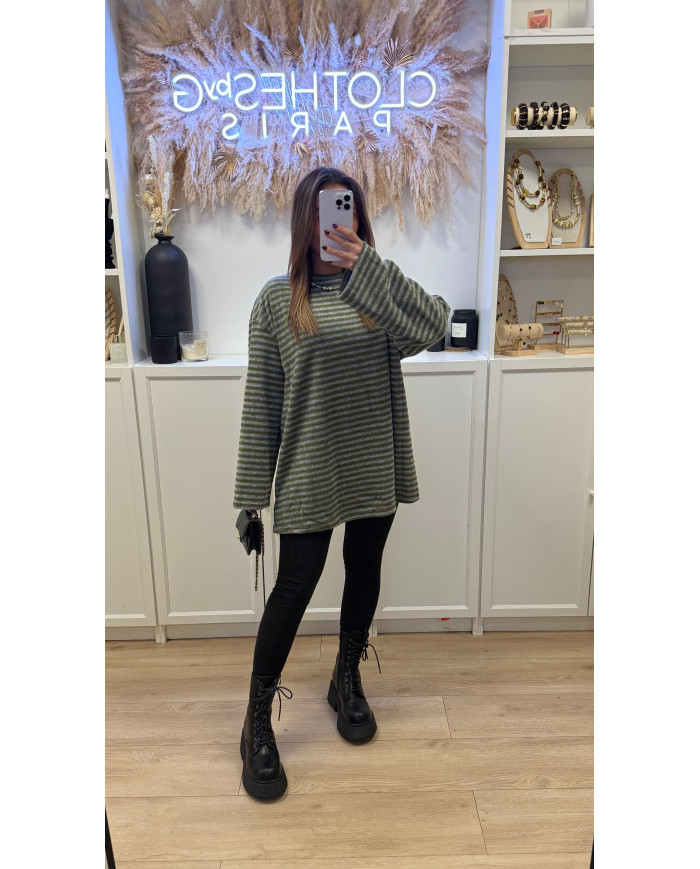 Pull rayé pilou gris et kaki