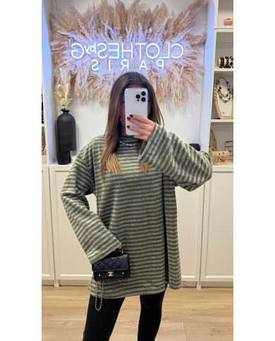 Pull rayé pilou gris et kaki