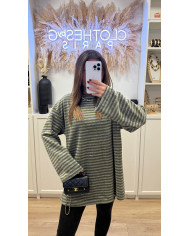 Pull rayé pilou gris et kaki