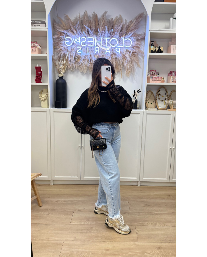 Pull dentelle mitaines intégré Noir