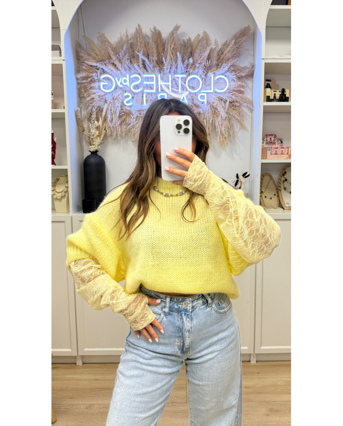 Pull dentelle mitaines intégré jaune