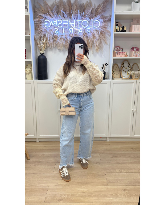 Jean Mom effiloché Bleu clair