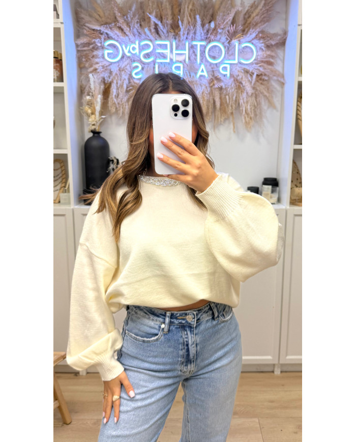 Pull cashy collier Bijoux Écru