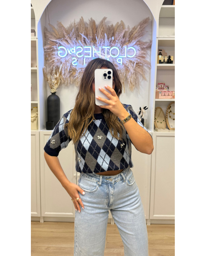 Pull manches courtes lossange bleu & gris bijoux