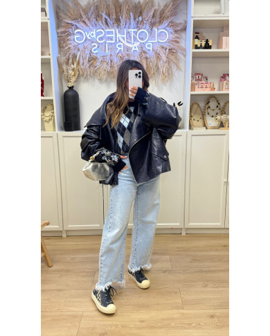 Pull manches courtes lossange bleu & gris bijoux