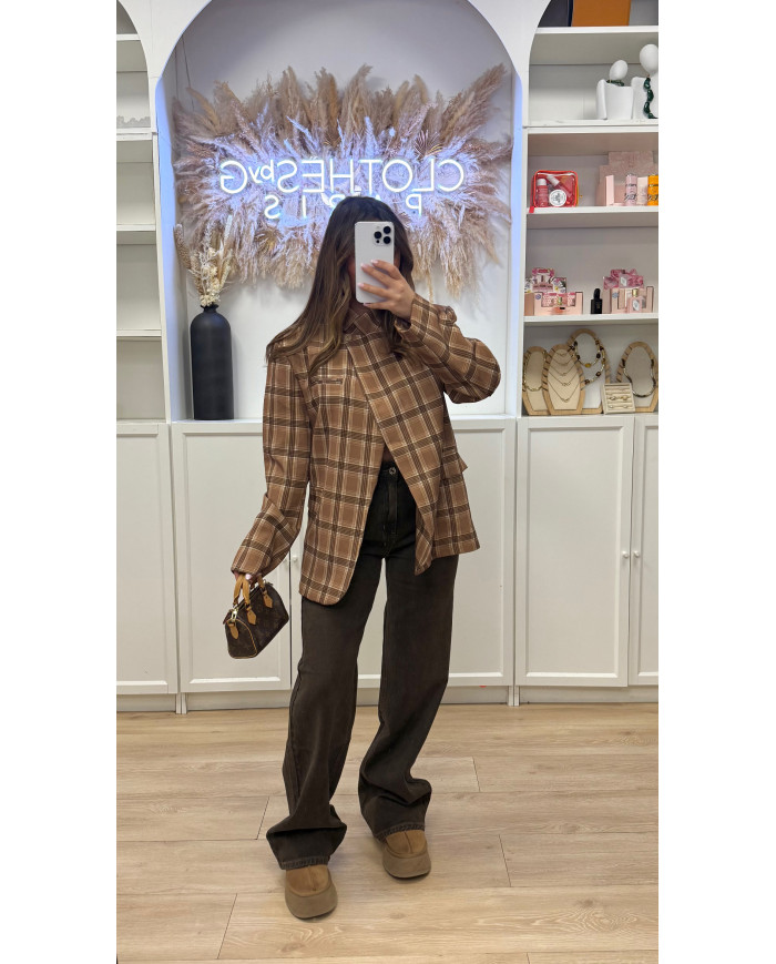 Blazer Croisé à carreaux Camel