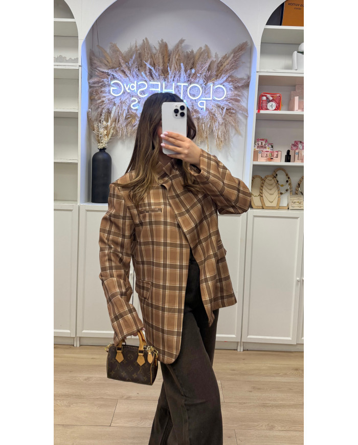Blazer Croisé à carreaux Camel