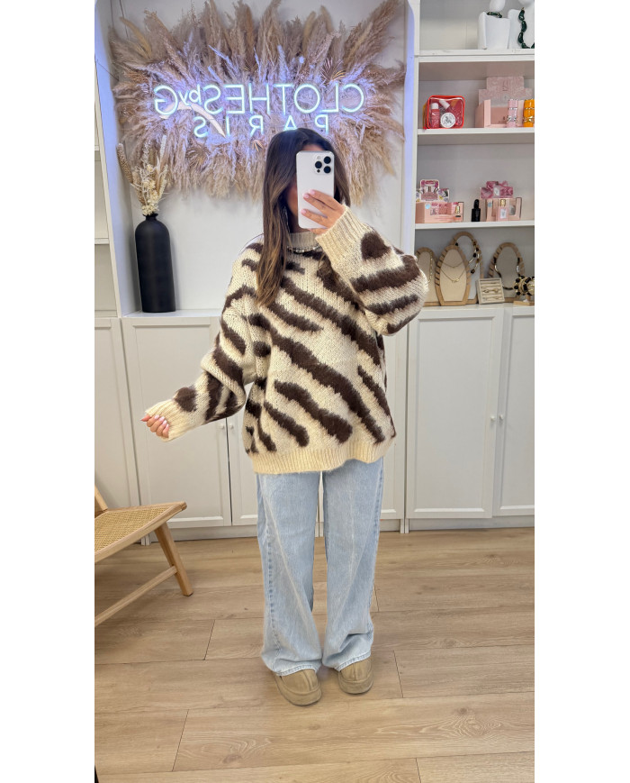Pull Oversize Zèbre beige & Choco