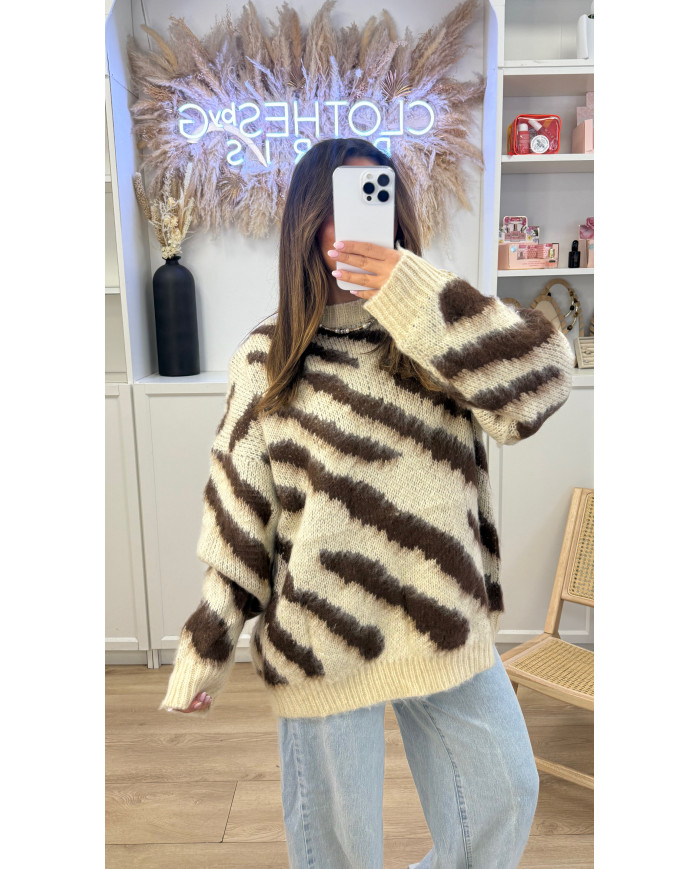 Pull Oversize Zèbre beige & Choco