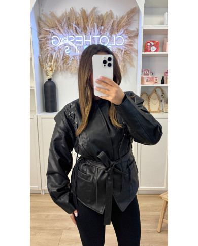 Veste Simili noir à lacet & ceinture