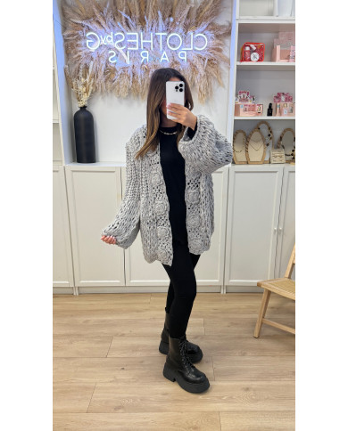 Gilet crochet fleurs Hand Gris