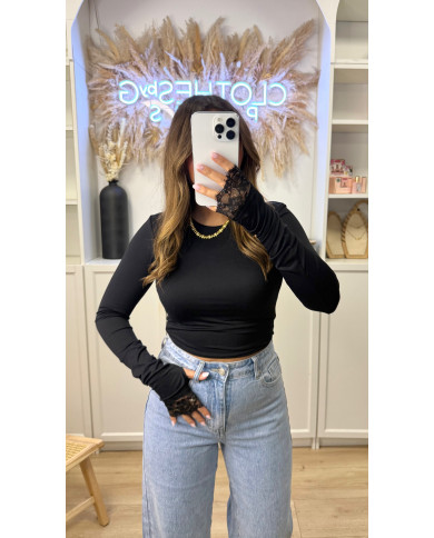 Top mitaines avec dentelle Noir