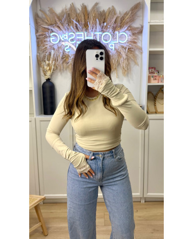 Top mitaines avec dentelle beige