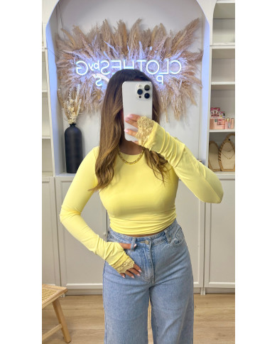 Top mitaines avec dentelle jaune