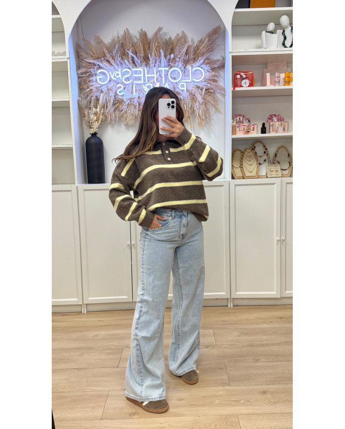 Pull polo rayé taupe & jaune