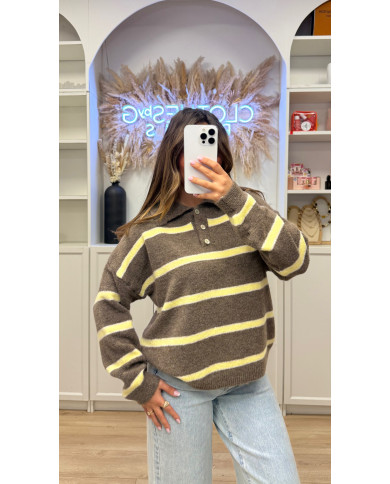 Pull polo rayé taupe & jaune